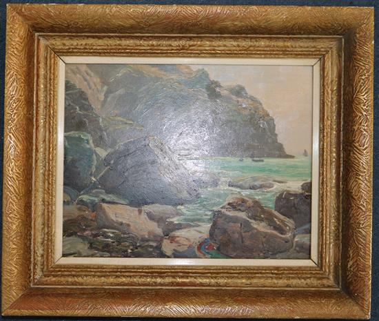 Attributed to Julius Olsson (1864-1942) Cornish coastal landscape, 9 x 11.5in.